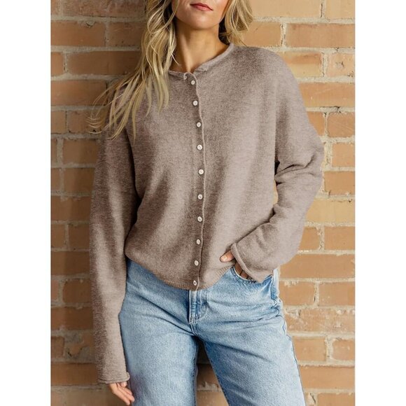 Women's Button Up Cardigan Sweater Lightweight Crew Neck Long Sleeve Fall - Picture 2 of 5